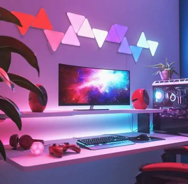 nanoleaf shape ovanför skrivbord med dator